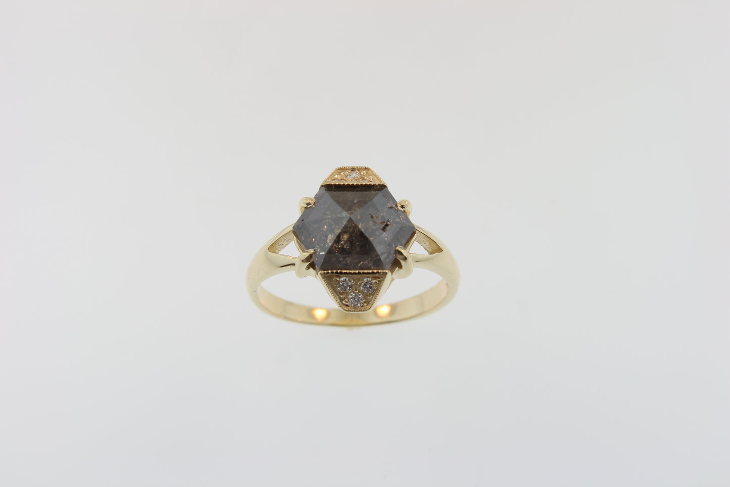 Rose cut Salt-and-Pepper Diamond ring. 14k yellow gold, with sparkling white diamond melee accents.