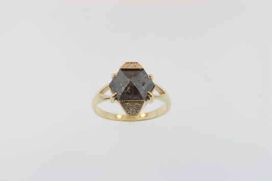 Rose cut Salt-and-Pepper Diamond ring. 14k yellow gold, with sparkling white diamond melee accents.